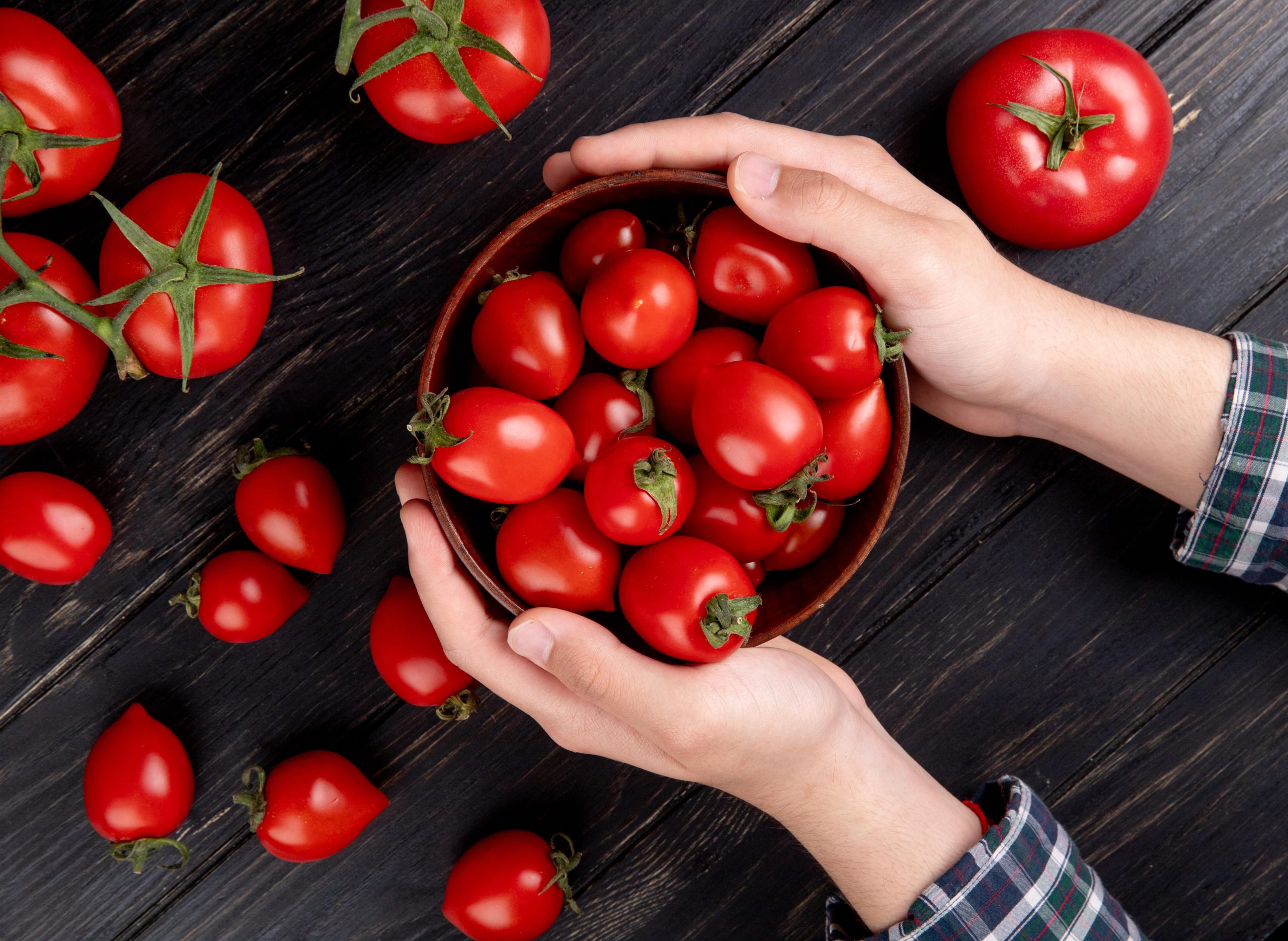top-view-woman-hands-holding-bowl-tomatoes-with-other-ones-wooden-table-min